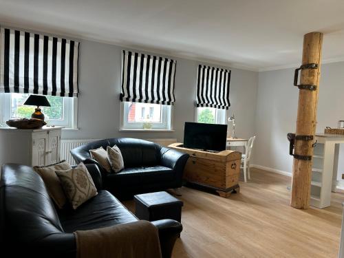 a living room with a leather couch and a tv at Gestorfer Kötnerhof Business und Landlust in Springe