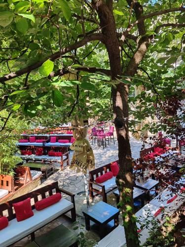 a group of benches and tables under a tree at Pansion Oscar Summer Garden in Mostar