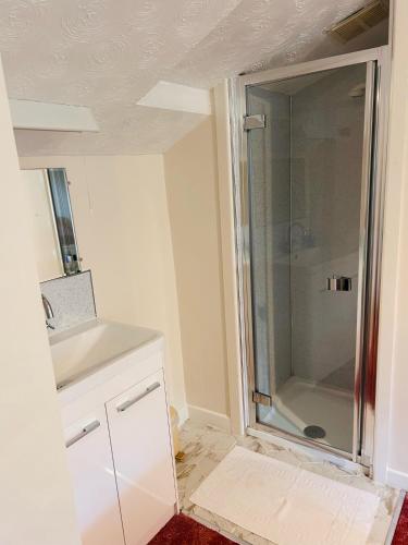 a bathroom with a shower and a sink at Rosie's cottage in Woolfardisworthy