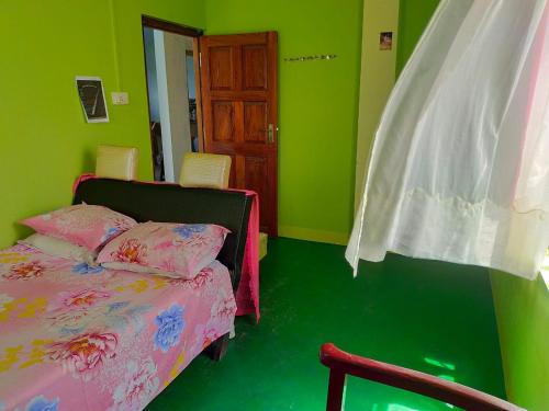 a bedroom with green walls and a bed and chairs at itynnad homestay in Shillong