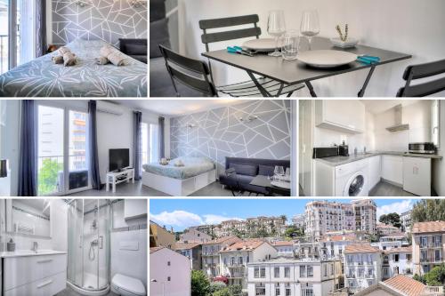 un collage de photos d'un appartement dans l'établissement Le Eve- 350M mer- 600 Palais-VCA, à Cannes