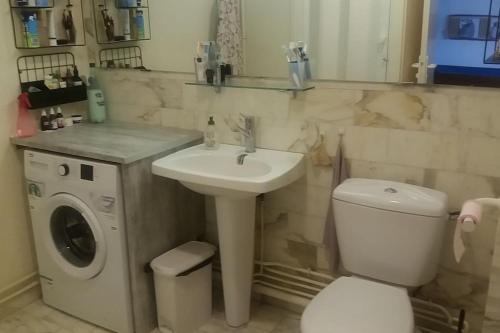 une salle de bain avec un lavabo et une machine à laver dans l'établissement Studio sur la corniche Concarneau - Beghoff, à Concarneau