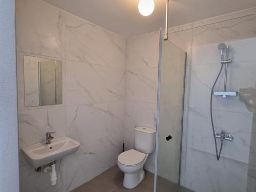 a bathroom with a shower and a toilet and a sink at Tefkrou Anthia 9 apts in Ayia Napa