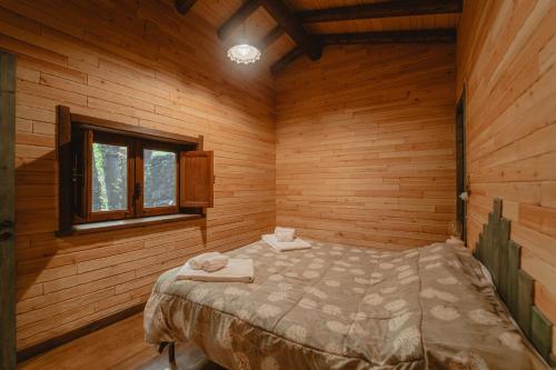 a bedroom with a bed in a wooden room at Matilde's Chalet Etna Nature House in Nicolosi