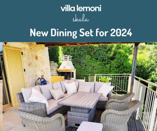 a new dining set for a patio with a table and chairs at Villa Lemoni Skala - Heated Infinity Pool with Sea Views & Outside Cinema in Old Skala