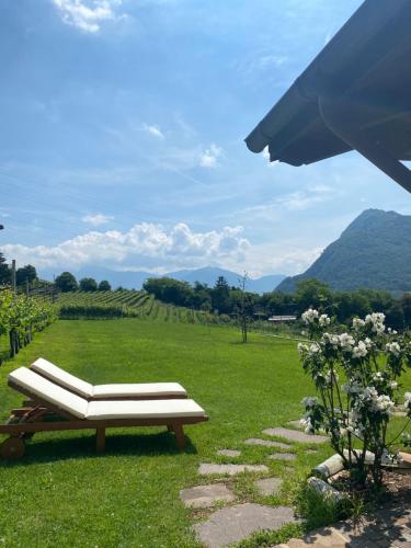 a white bench sitting in a field of grass at B&B La Casa in Collina in Trento