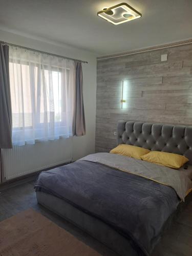 Un dormitorio con una cama grande con una ventana grande. en Safta Apartament 3, en Cîmpulung
