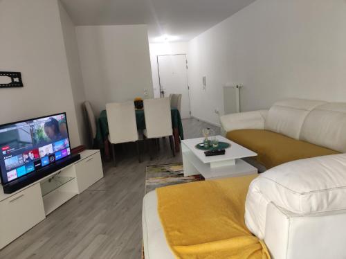 un salon avec un canapé et une télévision à écran plat dans l'établissement Cosy Appartment Thiais 80m², à Thiais