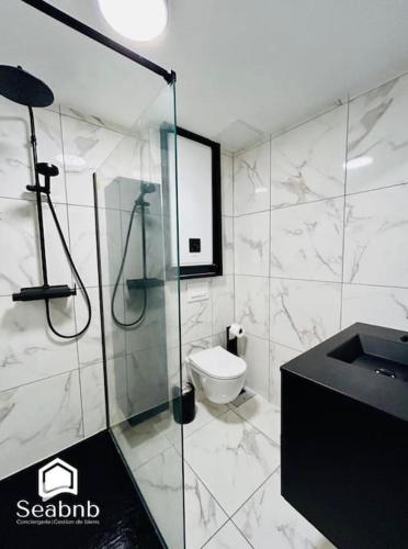 une salle de bain avec une douche, des toilettes et un lavabo dans l'établissement Charming Downtown - AC - WiFi - Private Entrance, à Nice