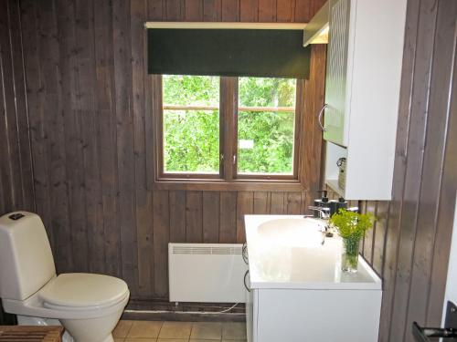 a bathroom with a toilet and a sink and a window at Holiday Home Hustjønn by Interhome in Aamli