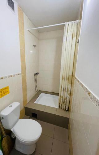 a bathroom with a toilet and a bath tub at Ассоль in Koblevo