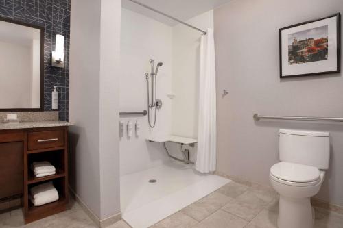 ein Bad mit einer Dusche, einem WC und einem Waschbecken in der Unterkunft Homewood Suites by Hilton Lackland AFB/SeaWorld, TX in San Antonio