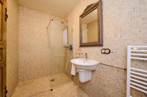 a bathroom with a sink and a shower with a mirror at Art Apartments Sievering in Vienna
