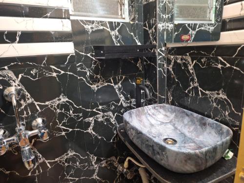 uma casa de banho com um lavatório e uma parede em mármore em Mavenoak Dreams B&B em Calcutá