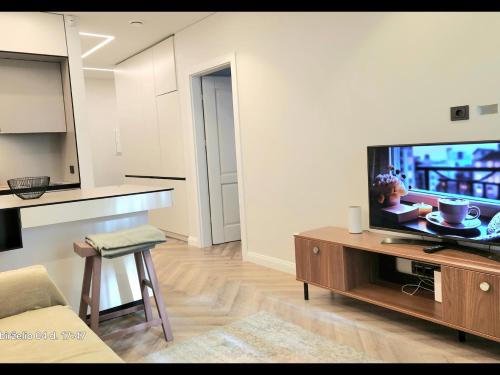 a living room with a flat screen tv on a wooden entertainment center at HaPPy iNN Brilliant Old Town self check in, Underground Parking, Terrace in Vilnius