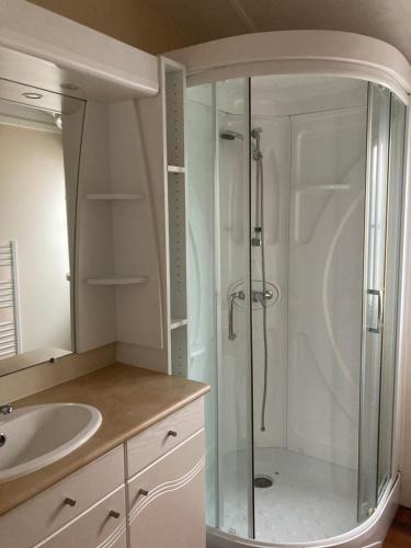 une salle de bain avec douche et lavabo dans l'établissement Mobil home 4 pers dans camping 5 étoiles avec piscine et accès plage direct, à Bretignolles-sur-Mer