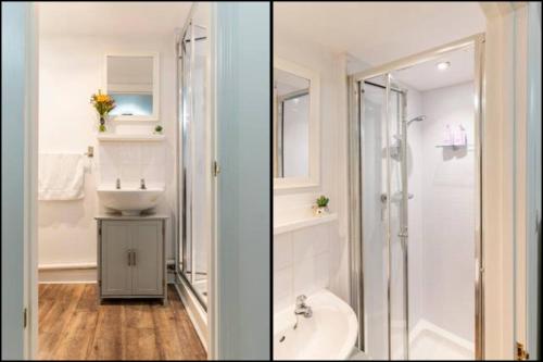 two pictures of a bathroom with a sink and a shower at The Nook, Cosy 1BR in Blandford, Dorset in Blandford Forum