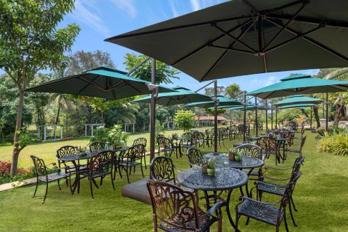 a group of tables and chairs with umbrellas at Big Banyan Vineyard & Resort in Bengaluru