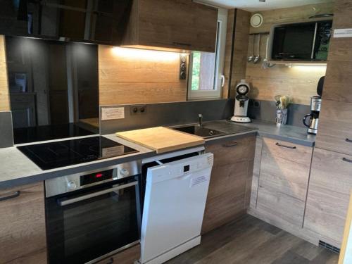 une cuisine avec un évier et une cuisinière four supérieur dans l'établissement Appartement au pied des pistes avec balcon ensoleillé - 2 ch, 2 sdb, accès rapide au centre village - FR-1-467-85, au Grand-Bornand