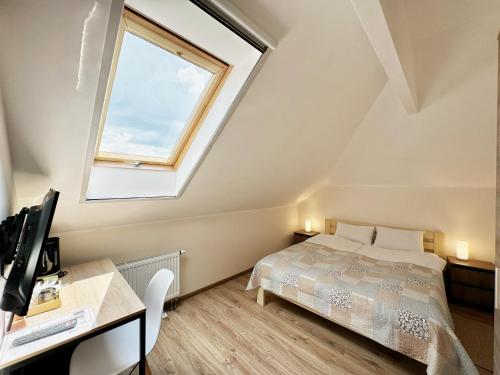 Schlafzimmer mit einem Bett und einem Fenster in der Unterkunft SIGNEEV'S Villa in Kiew