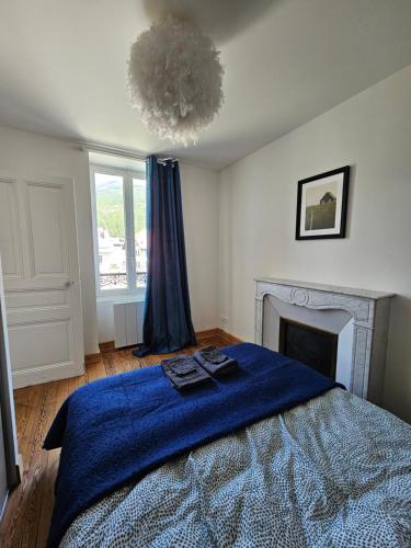 ein Schlafzimmer mit einer blauen Decke auf einem Bett und einem Kamin in der Unterkunft Le cocon de la Pare- Superbe T3 plein centre in Barcelonnette
