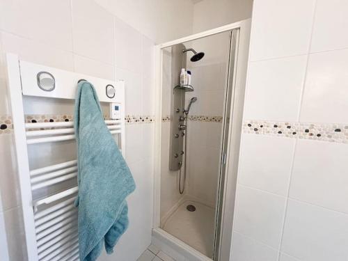 La salle de bains est pourvue d'une douche et d'une serviette bleue. dans l'établissement Appart avec vue mer incroyable sur l'Aber Wrac'h, à Landéda