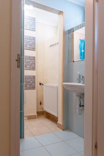 a bathroom with a shower and a sink at PICNIC Vendégház in Bogács