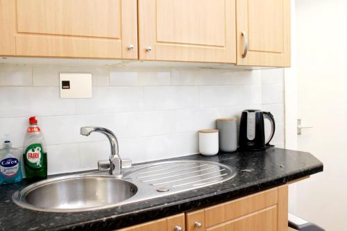 une cuisine avec un évier et un plan de travail dans l'établissement Large Garden Apartment on Golders Green High Road, à Londres