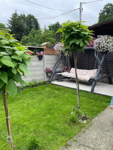 a garden with a hammock in a yard at Apartament u Danusi in Złoty Stok