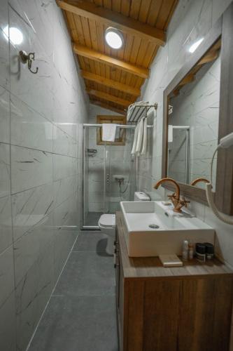 a bathroom with a sink and a shower and a toilet at Alfa Suites & SPA in Sapanca