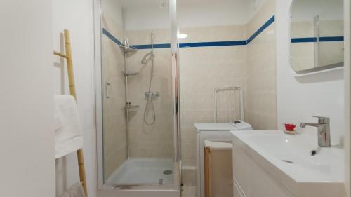 une salle de bain avec une douche, des toilettes et un lavabo dans l'établissement Studio Spacieux vue sur Paris et Tour Eiffel Proche Paris, à Fontenay-aux-Roses