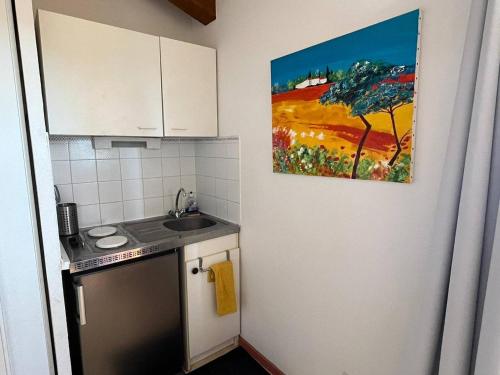 une cuisine avec un évier et un tableau mural. dans l'établissement Appartement T2 cabine vue mer - Saint Pierre la Mer 4MED97, à Saint Pierre La Mer