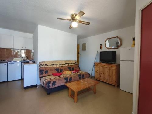 un salon avec un canapé et un ventilateur de plafond dans l'établissement Appartement T2 avec loggia à 100m de la plage - 4SEN119 St Pierre, à Saint Pierre La Mer