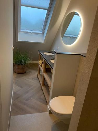 a bathroom with a toilet and a sink and a mirror at Ricks Room Barneveld in Barneveld