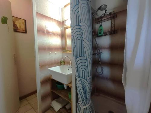 une salle de bain avec un lavabo et une douche dans l'établissement Appartement pour 4 personnes - 4LBM498, à Narbonne-Plage