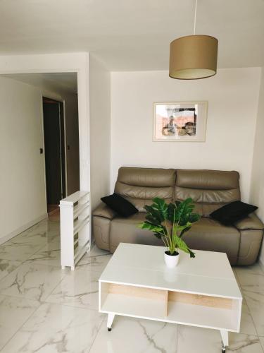 un salon avec un canapé et une table dans l'établissement Appart 1 ch rénové avec piscine, à Morières-lès-Avignon