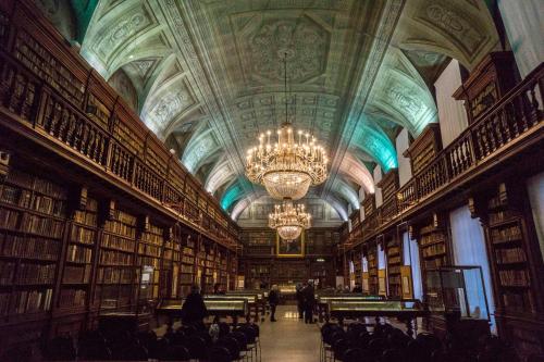 ミラノにあるSerendipity Luxury Apartments - Breraのシャンデリアと本のある大きな図書館