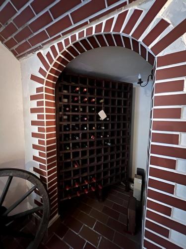 a wine cellar with a wall of wine bottles at Wine Cellar Villa with Beautiful Garden in Sinaia - Busteni in Poiana Ţapului