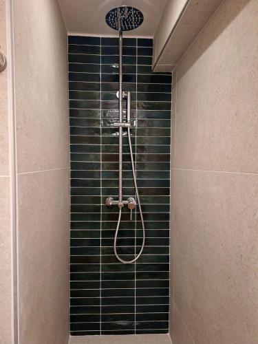 a bathroom with a shower with black tiles at Casa Myrilla in Corfu