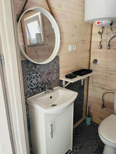 a bathroom with a sink and a mirror at Domki przy Wesołej in Wiele