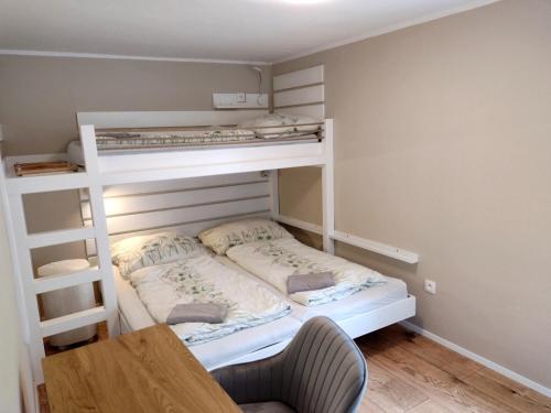 a bedroom with two bunk beds and a table at Nad rybníkem Hnačov - rodinný rekreační areál in Hnačov