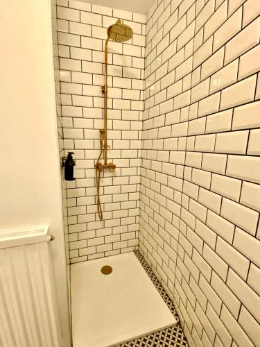 a bathroom with a shower with white subway tiles at L'Epinette - appartement T3 hypercentre Albi in Albi