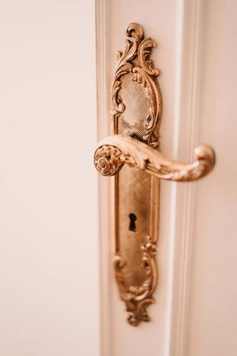 a gold door handle on a white door at Appart Familial, prox Gare & Centre-ville, garage in Besançon