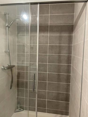 une douche avec une porte vitrée dans une salle de bain dans l'établissement le Natural, à Thonon-les-Bains
