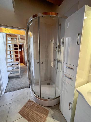 une douche avec une porte vitrée dans une salle de bain dans l'établissement Le Saint Jo - La Féclaz, à Les Déserts