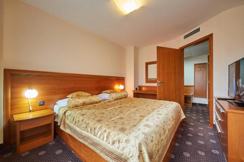 Šentjanž pri DravograduにあるHotel Korosicaのベッドとテレビが備わるホテルルームです。