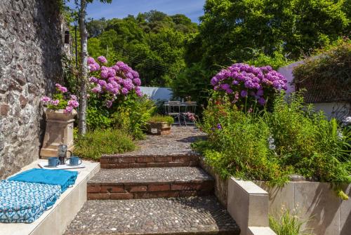 a garden with purple flowers and a bench and some stairs at Pebble Cottage, Dunster in Dunster