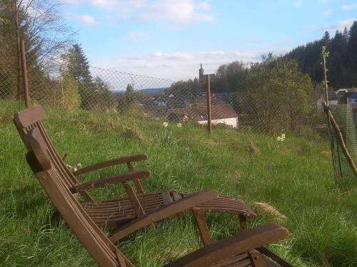 a wooden chair sitting in a field of grass at Fichtenloft in Heinersdorf