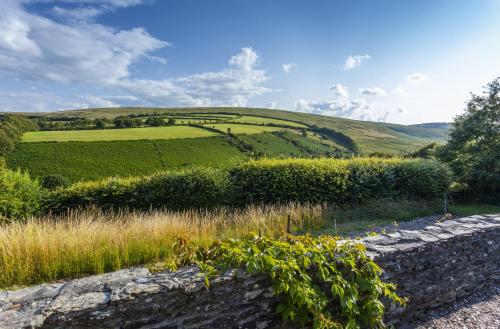 a view of a green hill with a stone wall at Hillway Lodge, Withypool in Withypool