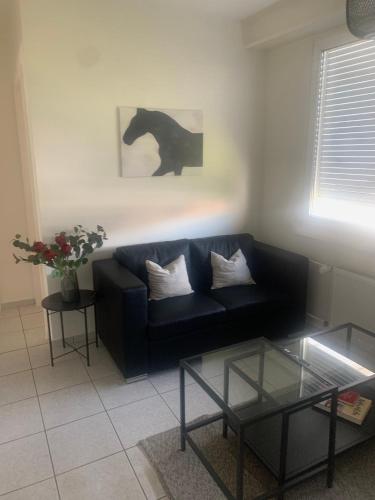 a living room with a black couch and a glass table at Business-Wohnung Messe Basel in Basel